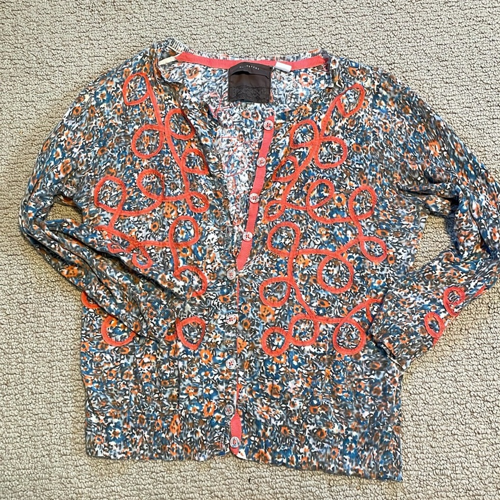 Anthropologie GUINEVERE Cardigan Sweater Looped Bud Coral Ribbon (Medium)